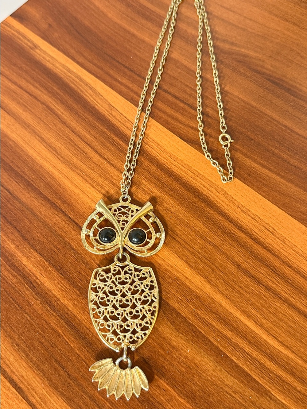 Sarah Coventry Gold-Tone Filigree Owl Pendant Necklace with Black Eyes